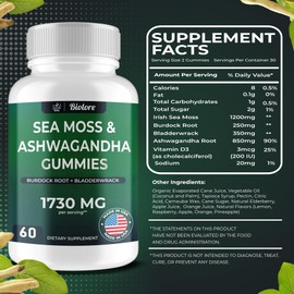 Biolore Sea Moss Gummies with Ashwagandha, Irish Sea Moss, Burdock Root, Bladderwrack - Gummies for Adults, Kids, Men, Women - Vegan, Gluten-Free