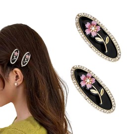 fdsmall 2Pcs French Hair Clips for Women Rhinestone Pearl Flower Hairpin Metal Exquisite Side Duckbill Clip Hair Accessories (Black)