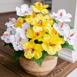 Fake Hibiscus Artificial Flowers Plants for Outdoors Spring Decor, 4 Bundles Faux Hibiscus Tropical Flowers Artificial Realistic UV Resistant Silk Flower for Outside Planter Patio Yard Porch, Mix