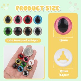 TOAOB 64pcs Safety Eyes for Amigurumis 15mm Round Craft Crochet Doll Eyes with Washers 8 Colors Plastic Cat Eyes for DIY Puppet Stuffed Animals Making