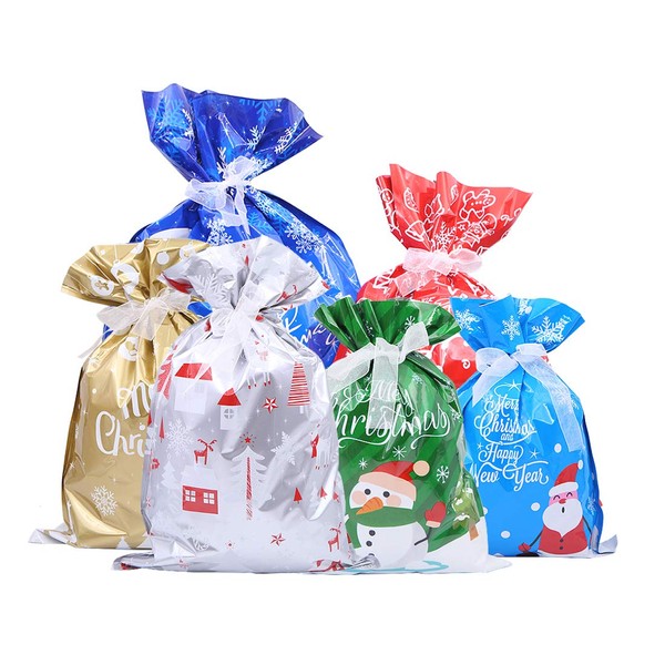 30PCS Christmas Gifts Bags Large Size Holiday Treats Bags Gift Wrapping Bags Santa Claus Snowflake Pattern Goody Bags with Ribbon Ties for Xmas Holiday Christmas Party Favor Bags