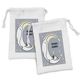 Ambesonne Childish Fabric Pouch Set of 2, Meow Crescent Moon Shaped Sleeping Kitten Dreaming Stars Themed, Small Drawstring Bag for Toiletries Masks and Favors, 9" x 6", Blue Grey Cream and White