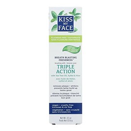 Kiss My Face Triple Action Herbal Mint Gel Toothpaste, SLS and Fluoride Free, Removes Plaque, Prevents Tartar, and Whitens Teeth, with Added Tea Tree Oil, No Artificial Colors Or Flavors, 4.5 oz
