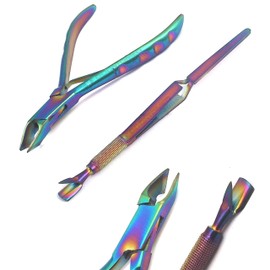 OdontoMed2011 Colorful Stainless Steel Nail Art Tools Pinching Cuticle Pusher and Cuticle Cutter Nipper - Multifunction False Nail Cutter Shaping Tweezers Manicure Tools