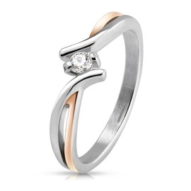 Autiga Women's Stainless Steel Solitaire Engagement Ring Cubic Zirconia Crystal Two-Tone Silver Rose Gold, Stainless Steel, Cubic Zirconia