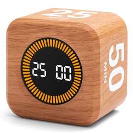 Exlliy Pomodoro Timer 5, 25, 10, 50 Minutes Preset, Desk Productivity Cube w/Gravity Sensor for ADHD, Mute Functions, Ideal for Work, Study, Kitchen, Back to School (1, Wood Grain Finish)