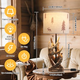 YESINTO Antler Table Lamp, Rustic Farmhouse Style Lighting, Round Fabric Shade Bedside Lamp, Suitable for Bedroom, Living Room, and Dining Room Decor