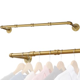 Industrial Pipe Clothing Rack, 40 Inch Wall Mounted Golden Clothes Hanger, Heavy Duty Metal Rod for Retail Display Laundry