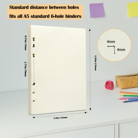 A5 Dot Grid Filler Paper, 6-Hole Punched, 100GSM Dotted Loose-Leaf Paper and Planner Inserts for Planners, Meeting Notes, and Bullet Journals,80 Sheets/160 Pages