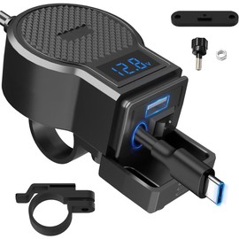 OBEST Motorrad Handy Ladegerät mit Spannungsanzeige (mit Schalter), Motorrad USB Steckdose, 12-24V Universal, Typ C+USB,einziehbares Schnell-Ladekabel