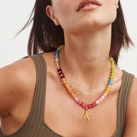 SLOONG Colorful Beaded Necklace for Women, Boho Necklaces Bohemian Rainbow 14K Gold Plated Initial Choker, Natural Stone – Alphabet K