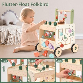 KizKnows Wooden Baby Push Walker, 6-in-1 Montessori Activity Center for Toddlers, Adjustable Speed Dinosaur Walker with Brake & Shape Sorter, Natural Solid Wood Learning Toy for Boys Girls 12M+