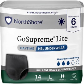 NorthShore GoSupreme Lite Incontinence Underwear, 6-Hour Pullup Style, Large, 14 Count Bag, Black, 36-48 inches, Unisex Adult Diapers
