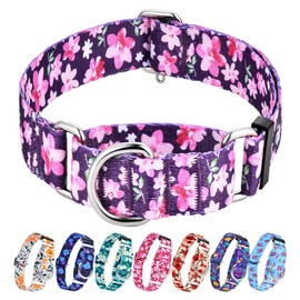 Hikiko 1.5 inch Martingale Collar with No Buckle Heavy Duty Cute Floral Dog Collars for Medium Large Dogs,Japanese Purple
