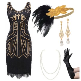 BABEYOND Women’s Flapper Dresses Set 1920s V Neck Beaded Fringed Great Gatsby Dress with Accessories Set