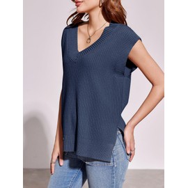 Saodimallsu Womens V Neck Sweater Vest Oversized Ribbed Knit Sleeveless Casual Loose Fit Pullover Tank Top Navy