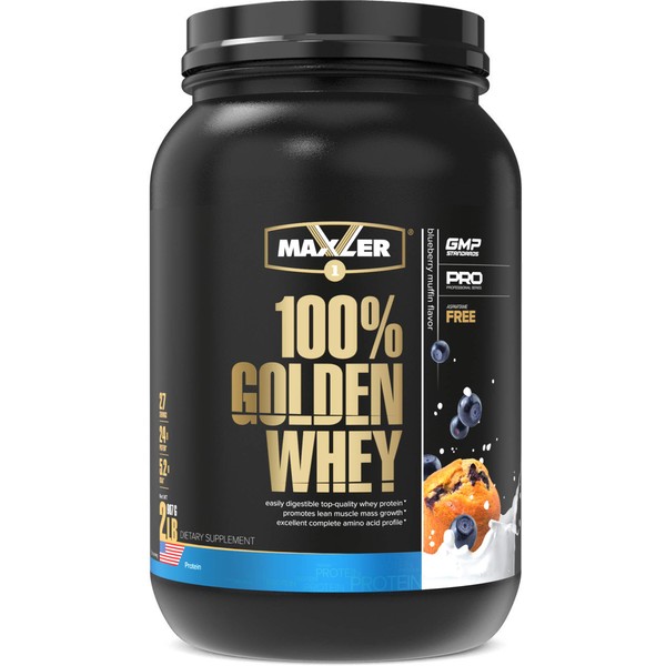 Maxler 100% Golden Whey Protein - 24g of Premium Whey Protein Powder per Serving - Pre, Post & Intra Workout - Fast-Absorbing Whey Hydrolysate, Isolate & Concentrate Blend - Blueberry Muffin 2 lbs