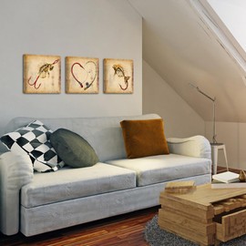 KREATIVE ARTS Rustic Fish Wall Art - Set of 3 Vintage Fishing Prints, Bait & Hook Canvas Décor for Beach or Lake House, Farmhouse, Man Cave, Office, or Living Room 12x12” Panels