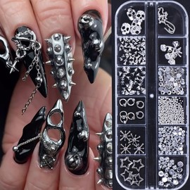 12 Grids 3D Charms for Nails, Metal Rivet Nail Art Charms Punk Style Alloy Nail Art Accessories Skull Star Flower Half Round Beads Design Nail Rhinestone Silver Nail Jewels for Women DIY Manicure