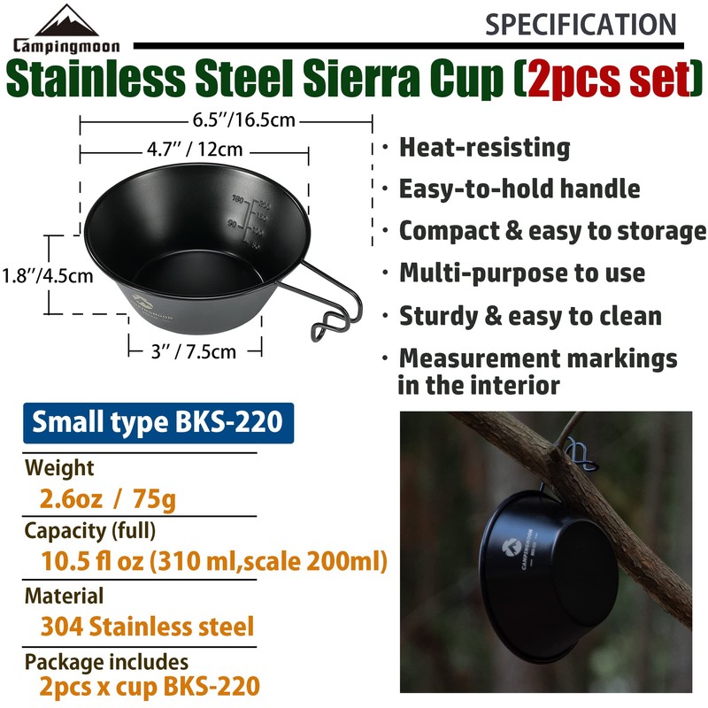 CAMPINGMOON 2pcs Set Stainless Steel Camping Sierra Cup 10oz, 310ml