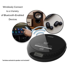 Coby Portable Bluetooth CD Player with FM Radio & Headphones, Rechargeable Anti-Skip Discman with MP3 Playback, AUX Input, Super Bass, Compact Retro Music Player for Home, Car, and Travel – Black