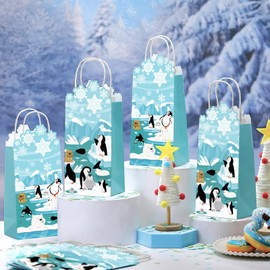 TecUnite 16 Pcs Polar Animals Goodie Bags Winter Party Favor Bags Snowflakes Gift Bags Penguins Treat Bag Blue Paper Bags with Handles Christmas Candy Bags for Birthday Holiday Party Supplies