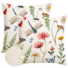 RABUSOFA Spring Summer Pillow Covers 20x20 Inch,Waterproof Wild Flowers Dragonfly Outdoor Cushion Case Patio Decorations Set of 2 for Outside Furniture Bench Chair