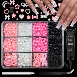 VOTACOS Flatback Nail Art Pearls 3D Heart Bow Nail Charms with Nail Rhinestones Glue Gel Black Pink Colorful Nail Gems Supplies 2-6mm Mixed Sizes Nail Pearls for Women Acrylic Nail Decor