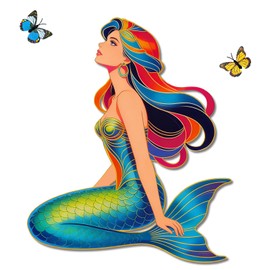 Vibrant Wooden Mermaid Wall Art with 3D Butterfly, 13.2" Ocean Fairy Tale Animal Beach Theme Nautical Hanging Sign for Boys Girls Teens Bedroom Bathroom Pool House Nursery Coastal Space Decor