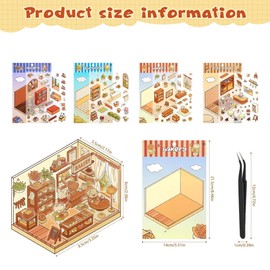 SGERUFZ Set of 4 DIY 3D House Stickers, Cute Stickers, DIY Scene Stickers, Miniature Scene Stickers with Tweezer, Gift for Children