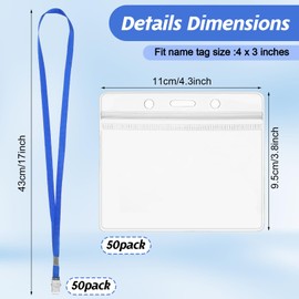 50 Pack 4x3 Name Tag Horizontal Badge Holder with Lanyard, Waterproof Clear ID Badge Holders and 50 Pcs Blue Lanyards for Id Badges, Plastic Name Tags Holder for Teacher Student Employee