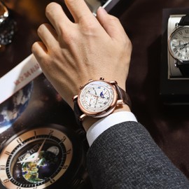 JewelryWe Herrenuhr Echtleder Chronograph Uhr: 30 Wasserdicht Analog Quarz Armbanduhr Herren Braun Lederarmband Leuchtende Uhren mit Kalender, Stoppuhr, Leuchtzeiger, Sonnen- & Mondanzeige