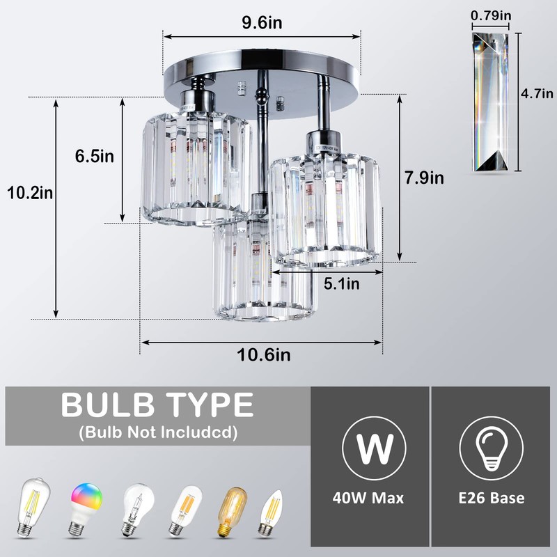 PAUFUL Semi Flush Mount Ceiling Light,3-Light Modern Close to Ceiling
