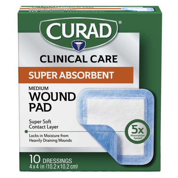Curad Super Absorbent Wound Pad, Medium, 4" x 4", 10 Count
