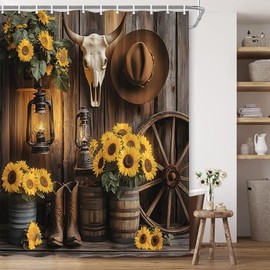 Western Cowboy Rustic Shower Curtain Farmhouse Brown Barn Door Wood Wooden Sunflower Southwest Country Vintage Rural Polyester Fabric Bathroom Decor 70×70 Inch with Hook