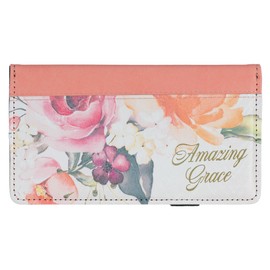 Christian Art Gifts Premium Vegan Leather Checkbook Cover for Women: Amazing Grace Cute Inspirational Banking Accessory, Duplicate Checks, ID/Credit Cards, Pen Loop, Money Holder, White & Pink Floral