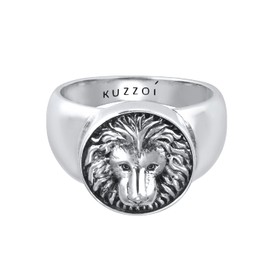 Kuzzoi 0607632721 Men's Signet Ring Round Solid 15 mm Wide in 925 Sterling Silver Biker Ring Oxidised with Lion Head Retro Symbol Ring for Men in Ring Size 60-66, Stainless Steel