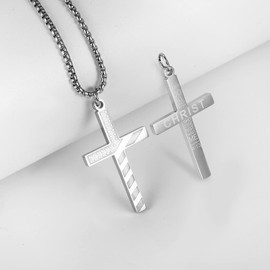 ZRAY American Flag Cross Necklace for Men Patriotic Jewelry Stainless Steel Chain 24inch Engraved Inspirational Bible Verse Philippians 4:13 Pendant Pendant Religious Gift for Dad Boys（Silver）