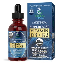 USDA Organic Liquid Vitamin D3 K2 Drops for Adults | Superdose 8000IU Pure Vitamin D3 | 60 Serv | Vitamin D K2 Supplement for Immune Support & Bone Health | 98% Absorption | Vegan, Non-GMO | 2 Fl Oz