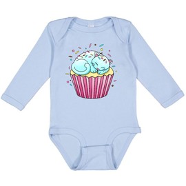 inktastic Kitty Cupcake- Cute Cat Long Sleeve Creeper 12 Months 0100 Light Blue 45704