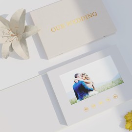 ILUUK OUR WEDDING - GOLD FOIL Luxury Linen Bound Video Book Video Album Up to 2.5 hours of video, 7” IPS Display, 4GB of memory & Rechargeable Battery (OUR WEDING), White