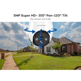 ONWOTE 5MP Super HD Wireless WiFi Security Camera Outdoor, Rechargeable Battery Solar Powered 360° Pan 120° Tilt, 2-Way-Talk, AI Detection with Spotlight Siren, Color Night Vision, 5 Megapixels, OW5