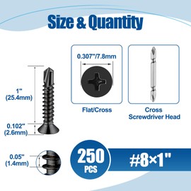 ANCHOREASE #8×1″ Sheet Metal Screws 250Pcs, 410 Stainless Steel Black Self Drilling Screws, Flat Head Phillips Fast Self Tapping Screws