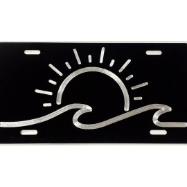 Diamond Etched Products Engraved Sun Ocean Wave Beach Car Tag Diamond Etched Black Metal License Plate