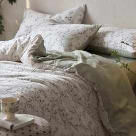 Lyocell White Duvet Cover Queen Zipper Small Red Flowers Duvet Cover Botanical Floral Leaves Pattern Printed Green Bedding Set 1 Duvet Cover and 2 Pillowcases, Ultra Soft, Breathable-King Size