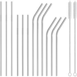 12-Pack Reusable Stainless Steel Metal Straws - Long Drinking Straws for 30 oz and 20 oz cups, 6 Straight + 6 Bent 10.5 & 8.5 inches Metal Straws with 2 Cleaning Brushes