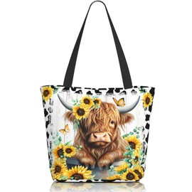 Highland Cow Gifts For Women Highland Cow Tote Bag Sunflower Cows Print Tote Bags Reusable Western Shoulder Bag for Women Grocery Handbag
