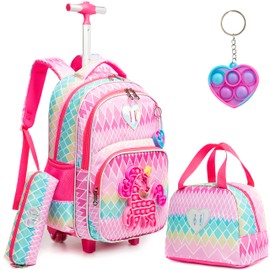 Meetbelify Cute Unicorn Rolling Backpack for Girls Backpacks with Wheels for Elementary Kids Pink Suitcase Set Travel Laptop Luggage for Girls Age 6-8