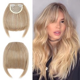 Elailite Fringe Hairpiece, Real Hair, Clip-In Fringe, One-Piece Extensions, Natural Extension, 2 Clips, Ash Brown/Light Blonde