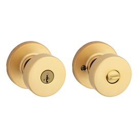Kwikset Pismo Entry Door Knob with Lock and Key, Secure Keyed Handle Exterior Doorknob, Front Entrance and Bedroom, Satin Brass, Round, Pick Resistant SmartKey Rekey Security, Microban Protection